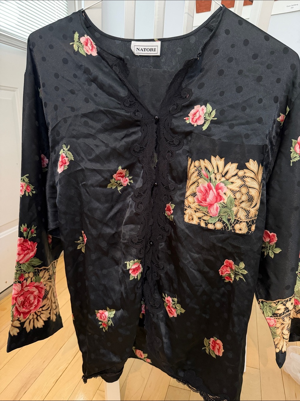 Natori Black Satin Floral Embroidered Pajama Set